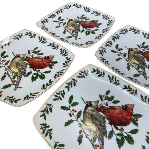 Livingquarters Set Of 4 Square Holiday Cardinal Plates 8.5" Microwave & Dishwash - Picture 4 of 6